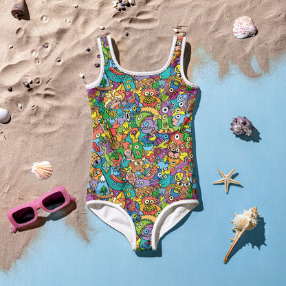 Cheerful crowd enjoying a lively carnival All-Over Print Kids Swimsuit. Lifestyle
