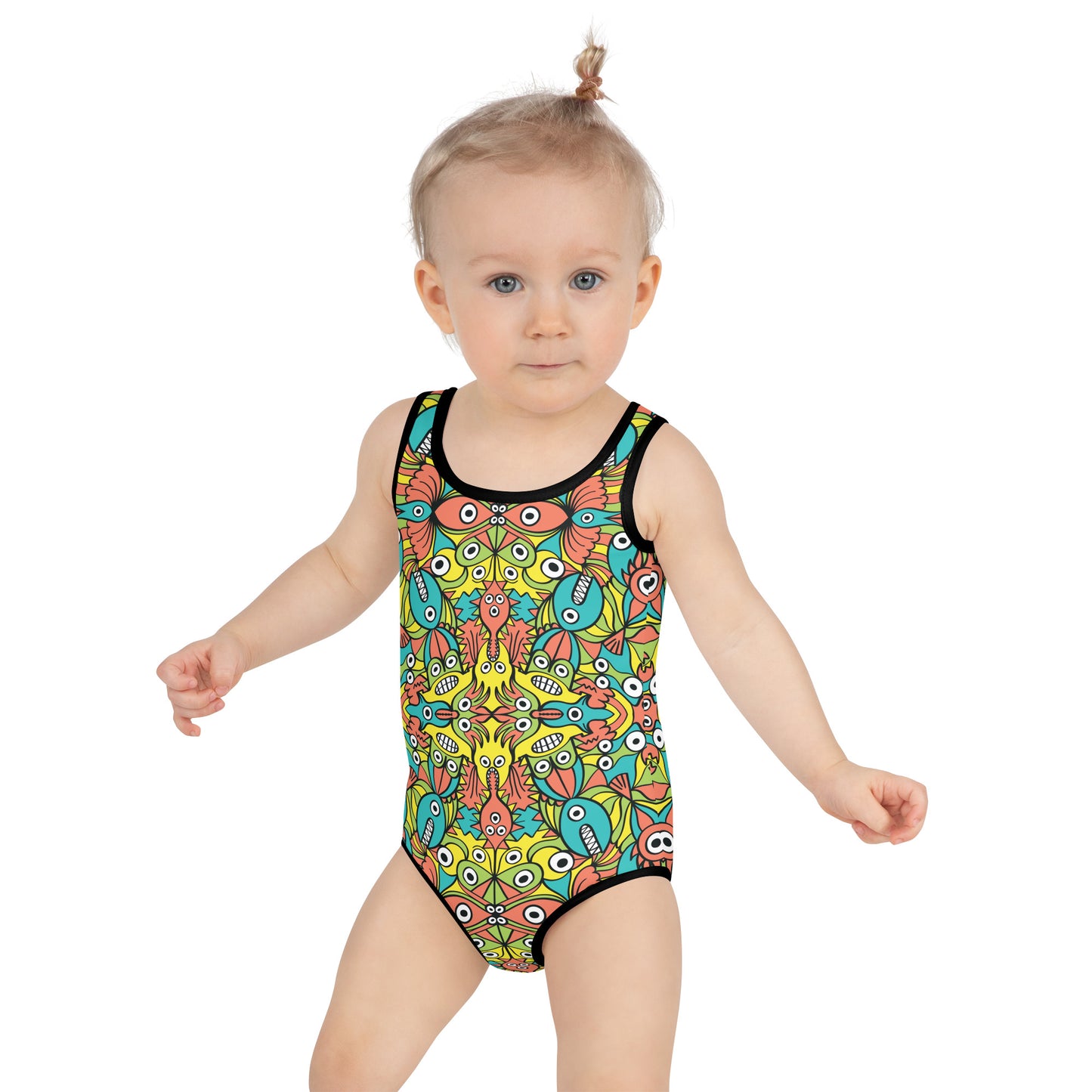 Alien monsters pattern design All-Over Print Kids Swimsuit. Front view. Baby size