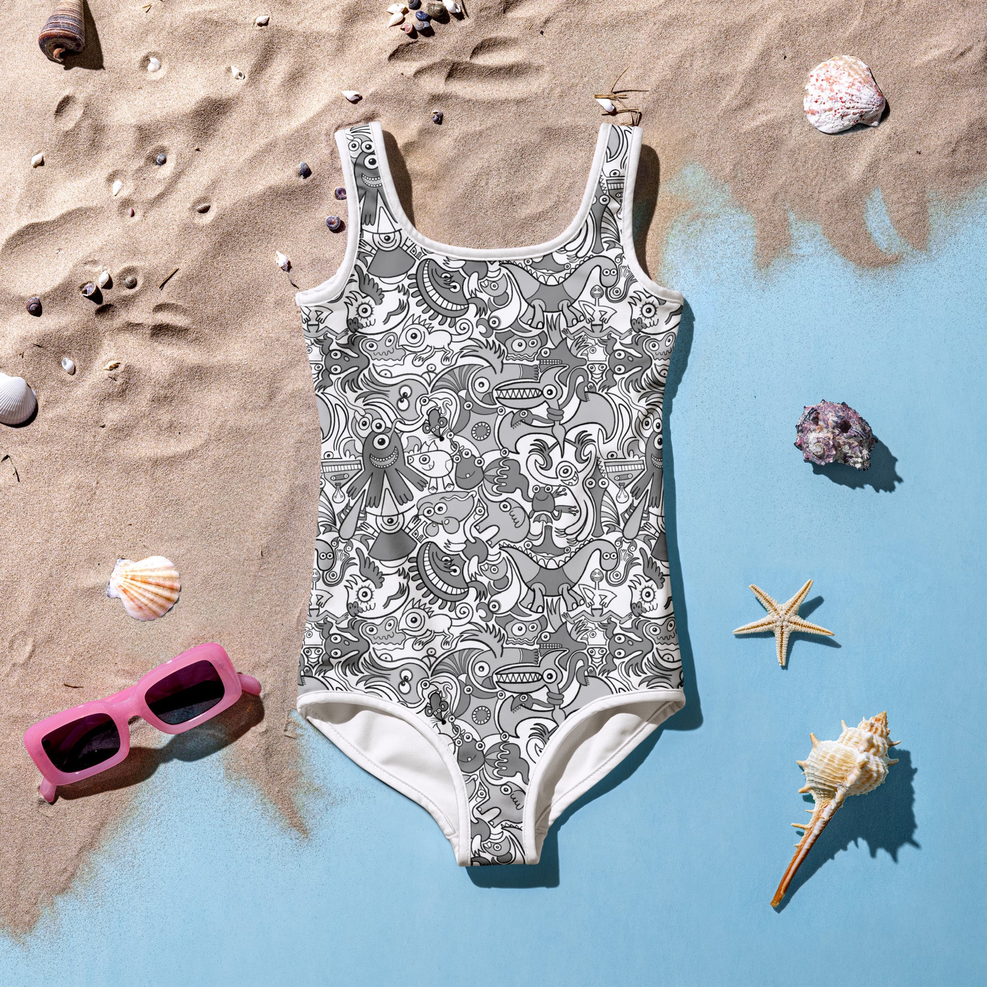 Awesome Doodle creatures in a variety of tones of gray All-Over Print Kids Swimsuit. Flat lifestyle