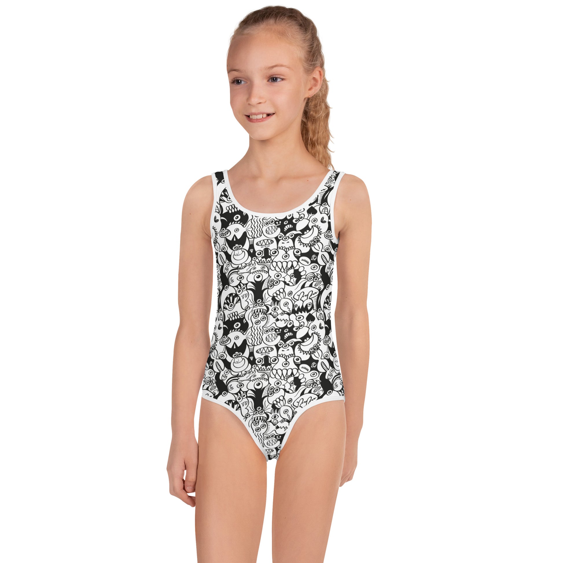 Black and white cool doodles art All-Over Print Kids Swimsuit. Front view