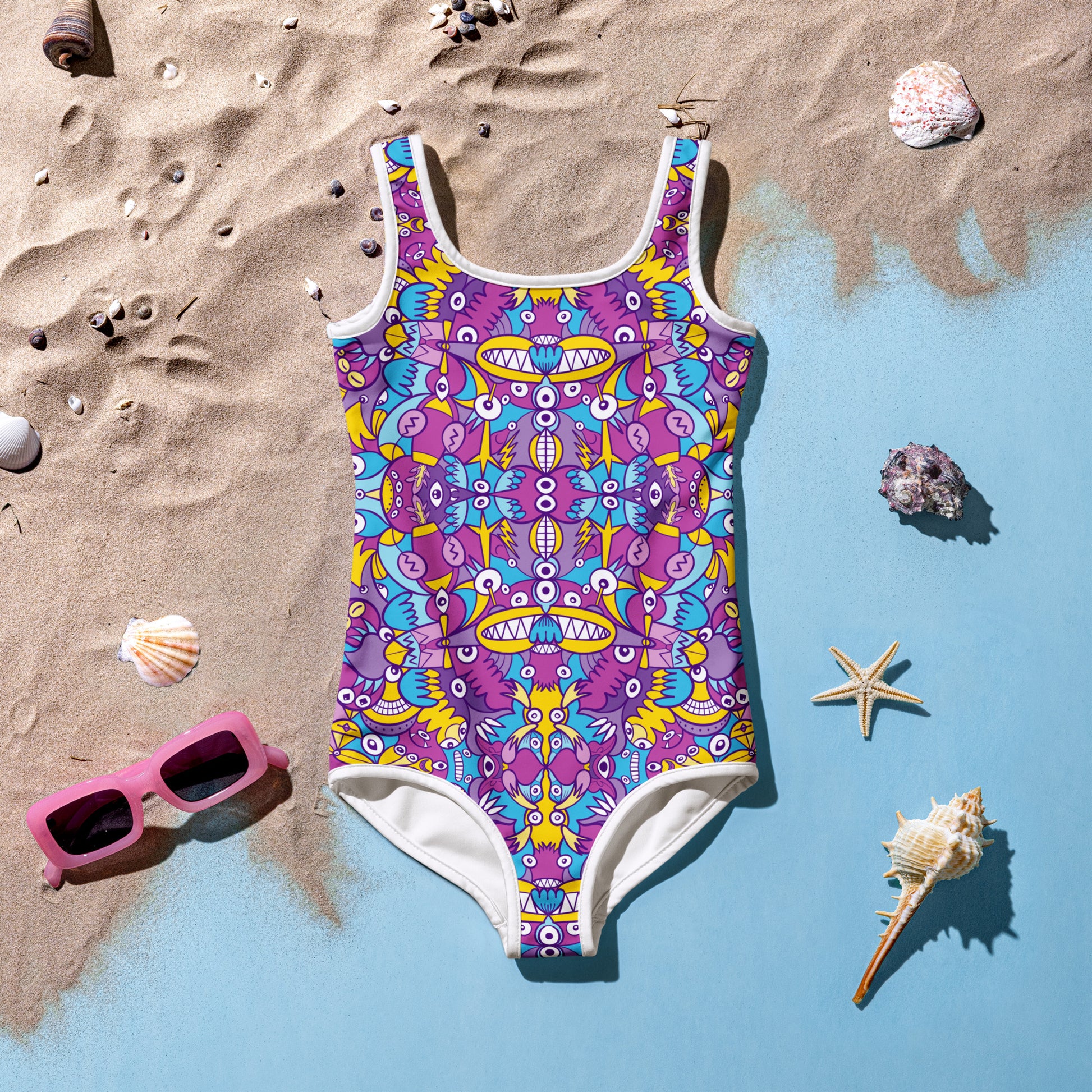 Doodle art compulsion is out of control All-Over Print Kids Swimsuit. Flat lifestyle