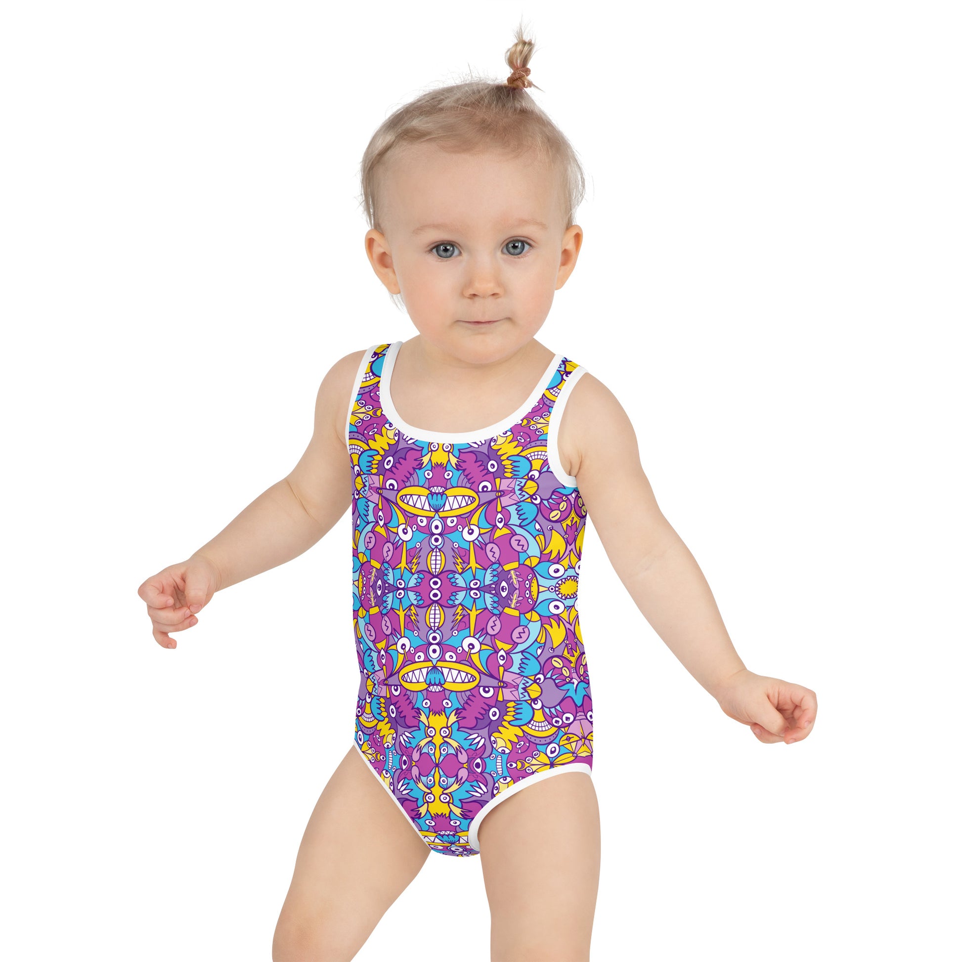 Doodle art compulsion is out of control All-Over Print Kids Swimsuit. Front view. Baby size