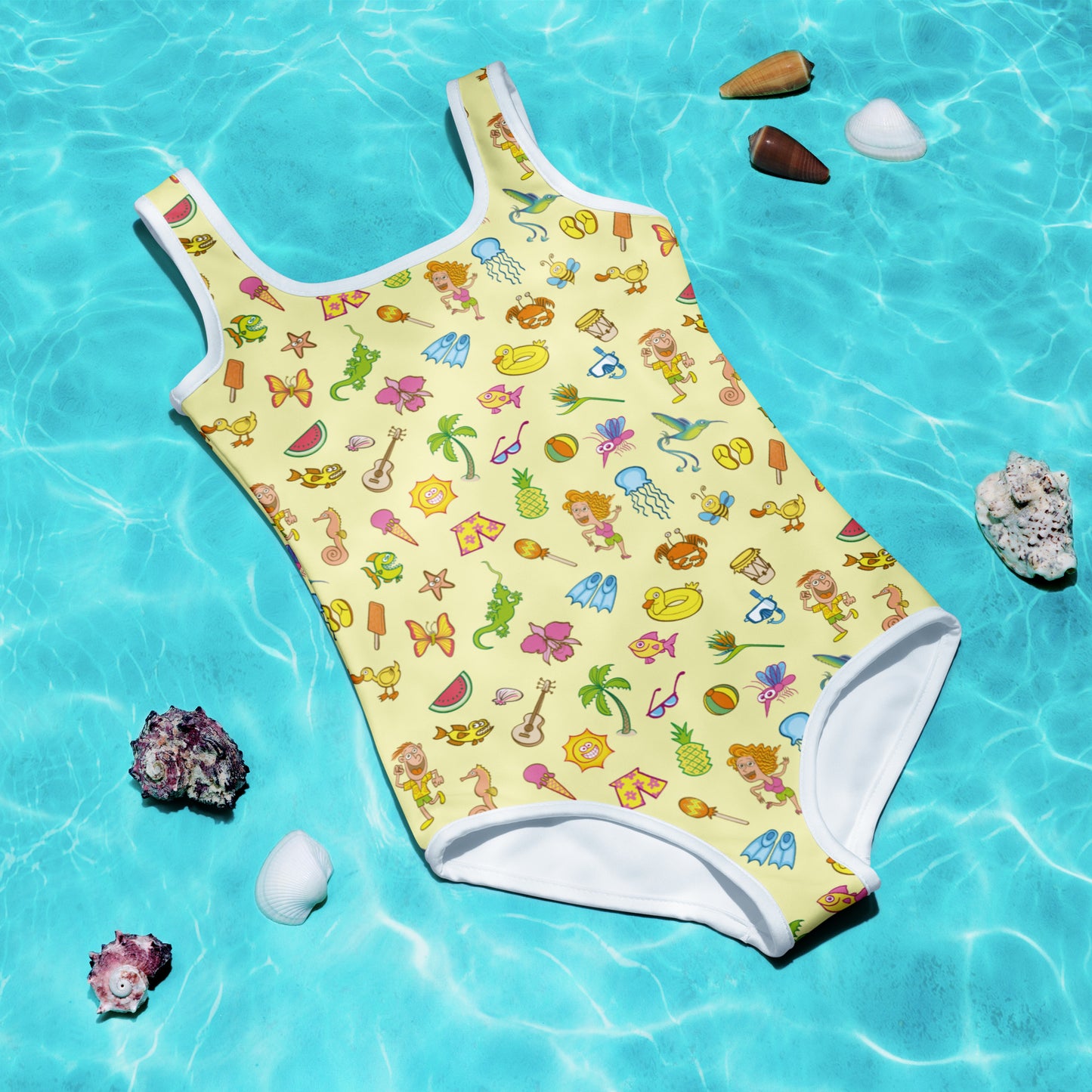 Enjoy happy summer pattern design All-Over Print Kids Swimsuit. Flat lifestyle