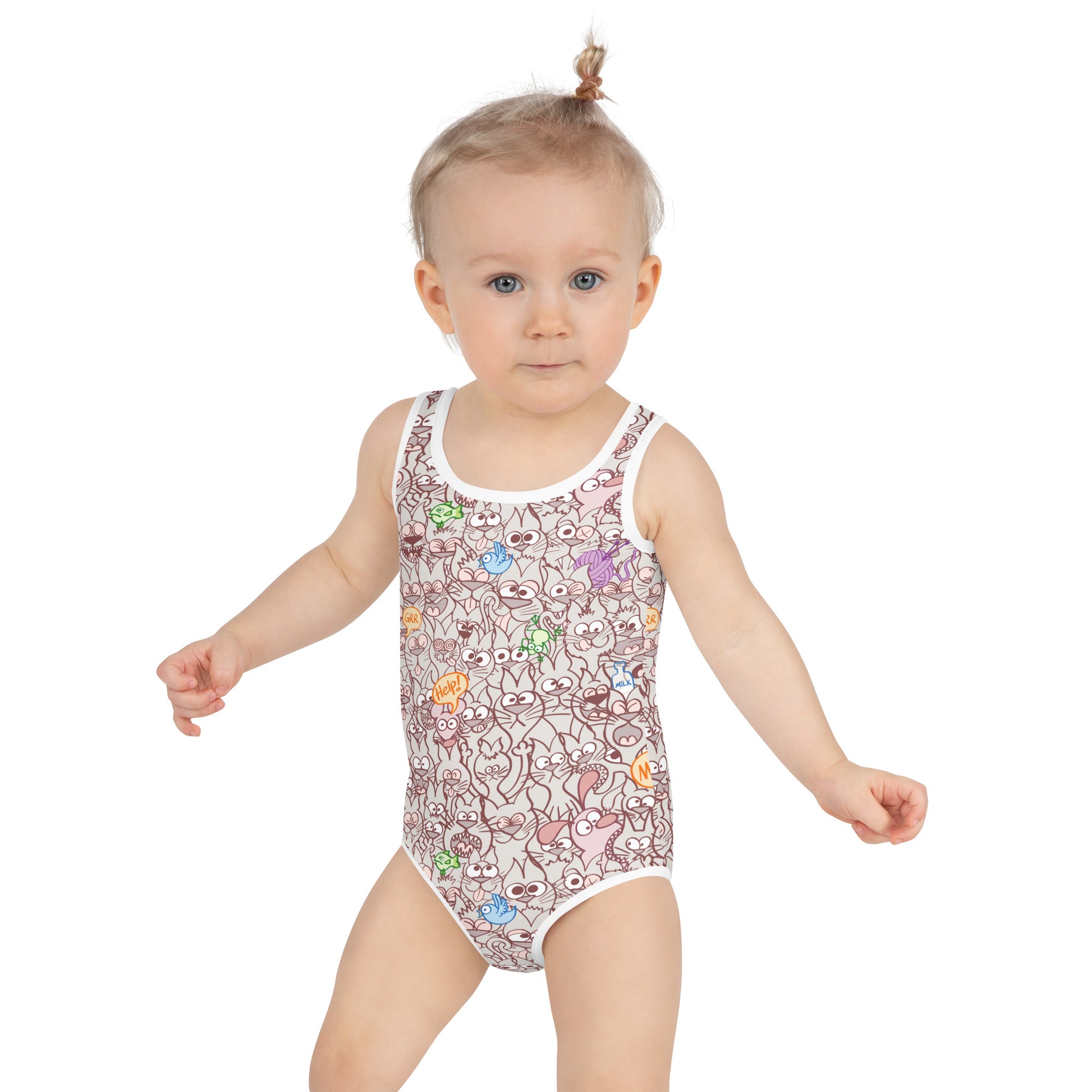 Exclusive design only for real cat lovers All-Over Print Kids Swimsuit. Front view. Baby size