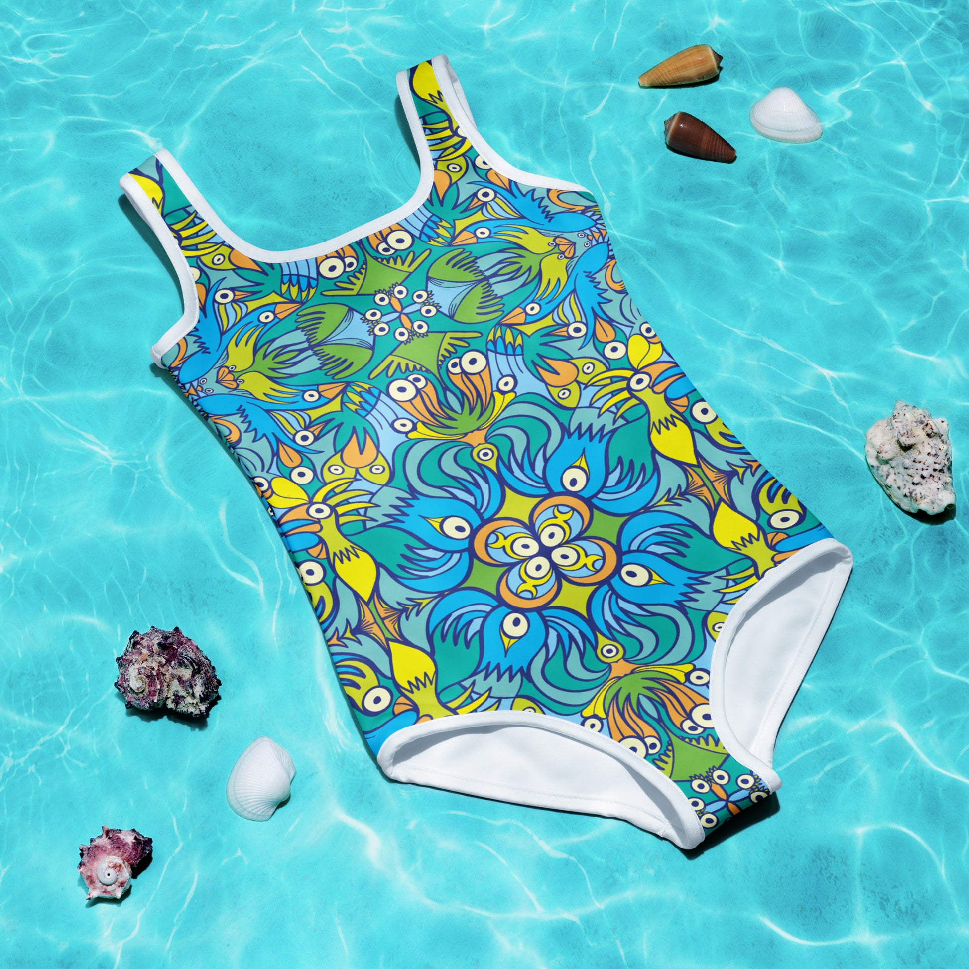 Exotic birds tropical pattern All-Over Print Kids Swimsuit. Flat lifestyle