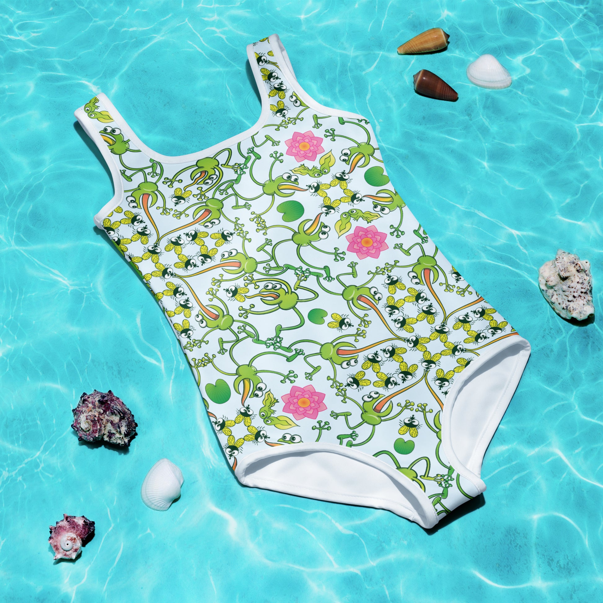 Funny frogs hunting flies All-Over Print Kids Swimsuit. Flat lifestyle