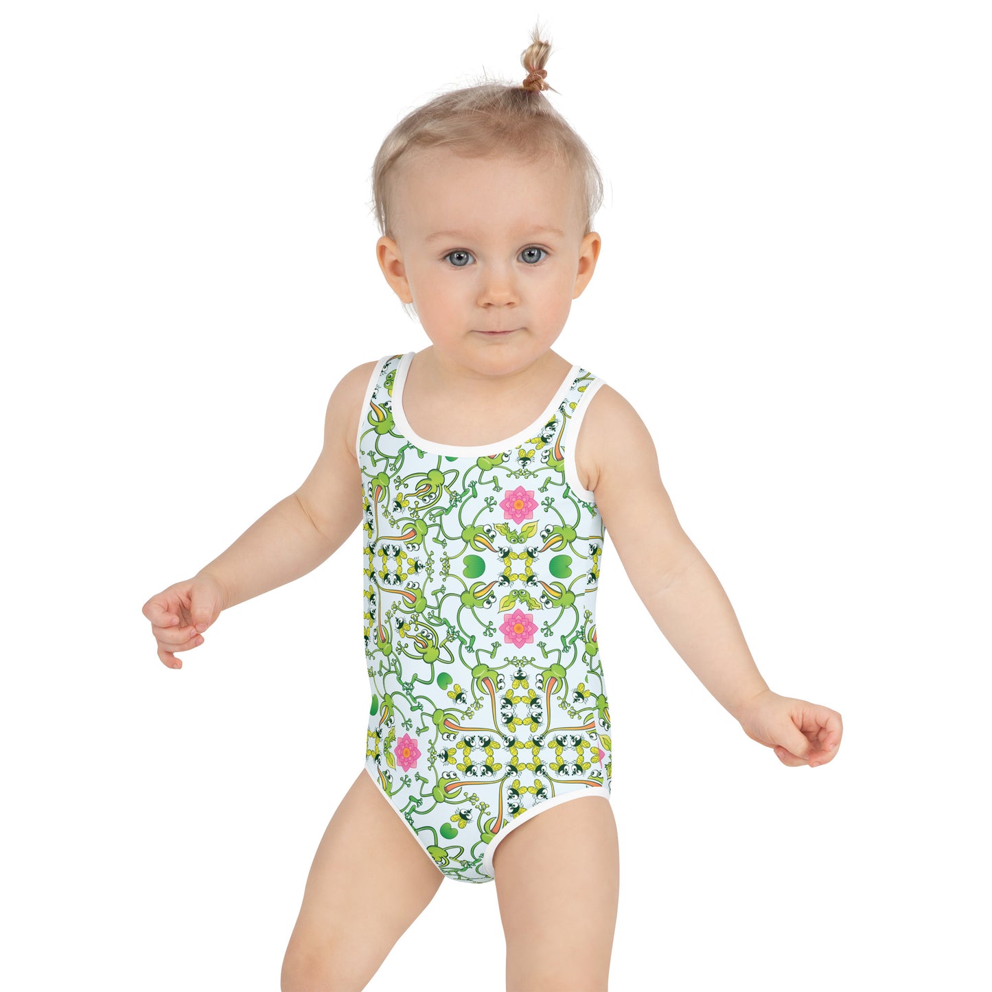 Funny frogs hunting flies All-Over Print Kids Swimsuit. Front view. Baby size