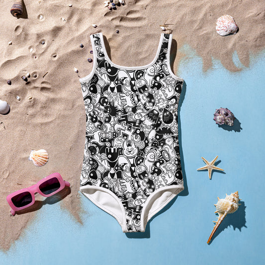 Joyful crowd of black and white doodle creatures All-Over Print Kids Swimsuit. Flat lifestyle