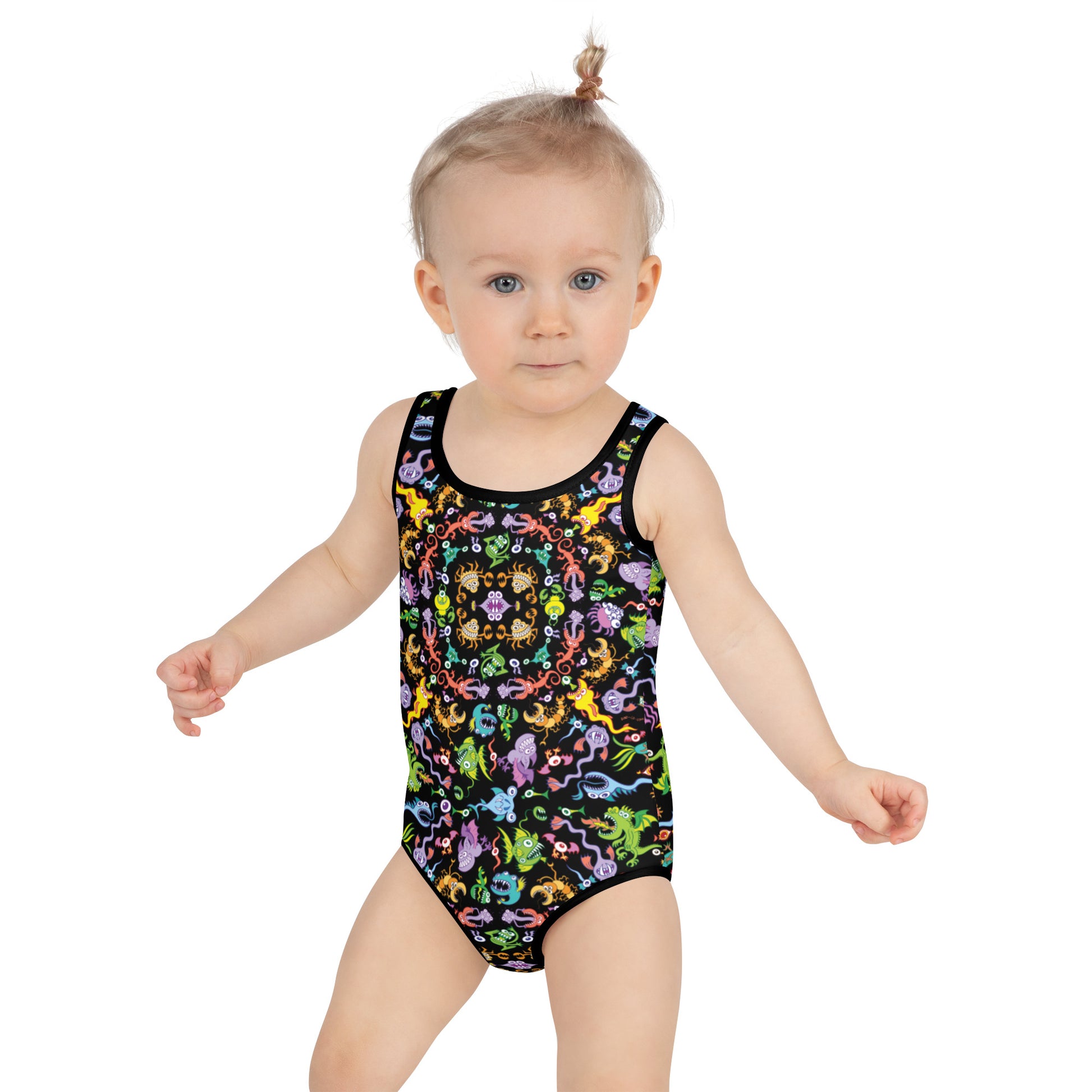 Ocean critters pattern mandala All-Over Print Kids Swimsuit. Front view. Baby size