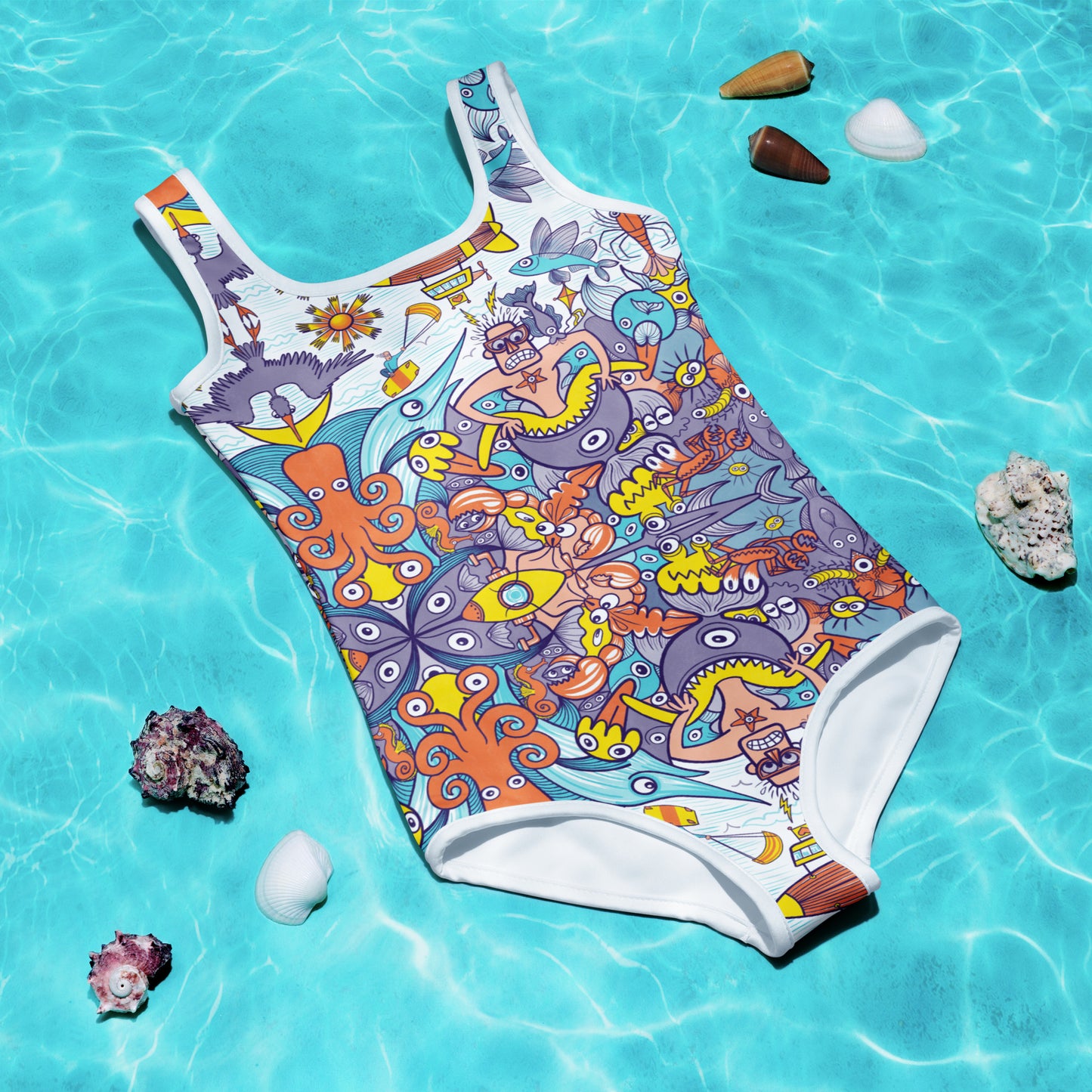 Ready for adventure this summer? All-Over Print Kids Swimsuit. Flat lifestyle