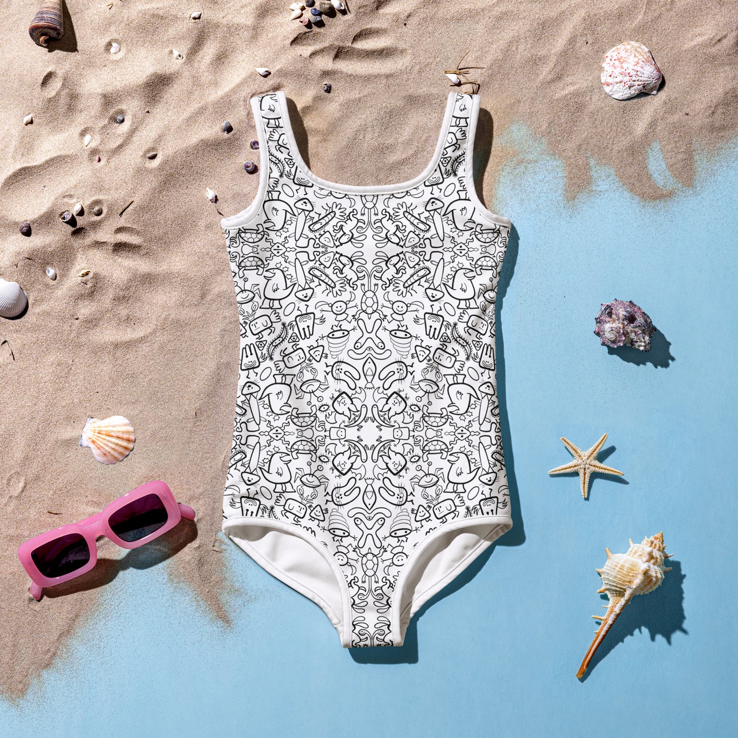 Simple doodles having great fun in a cool pattern design All-Over Print Kids Swimsuit. Flat lifestyle