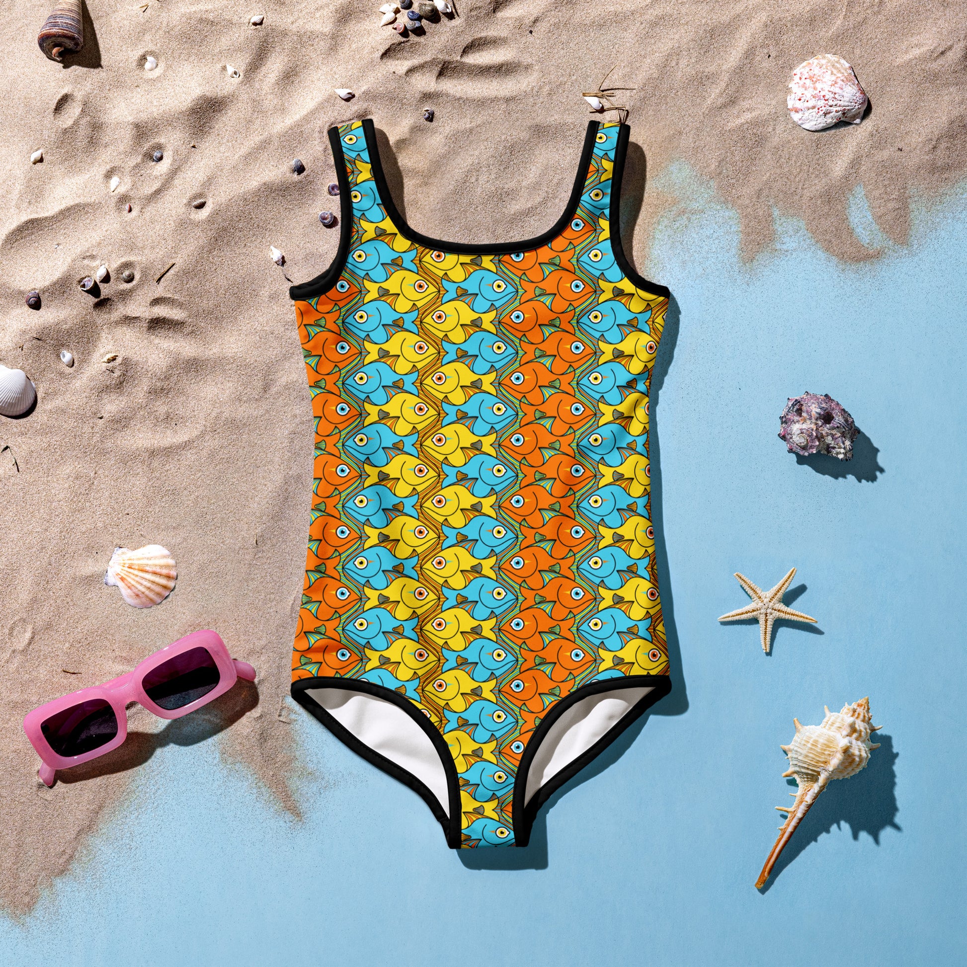 Smiling colorful fishes pattern All-Over Print Kids Swimsuit. Flat lifestyle