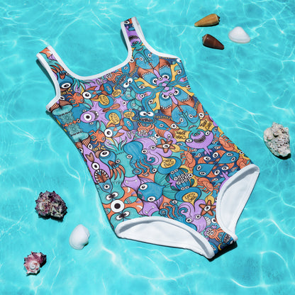 Wake up, time to take care of our sea All-Over Print Kids Swimsuit. Flat lifestyle