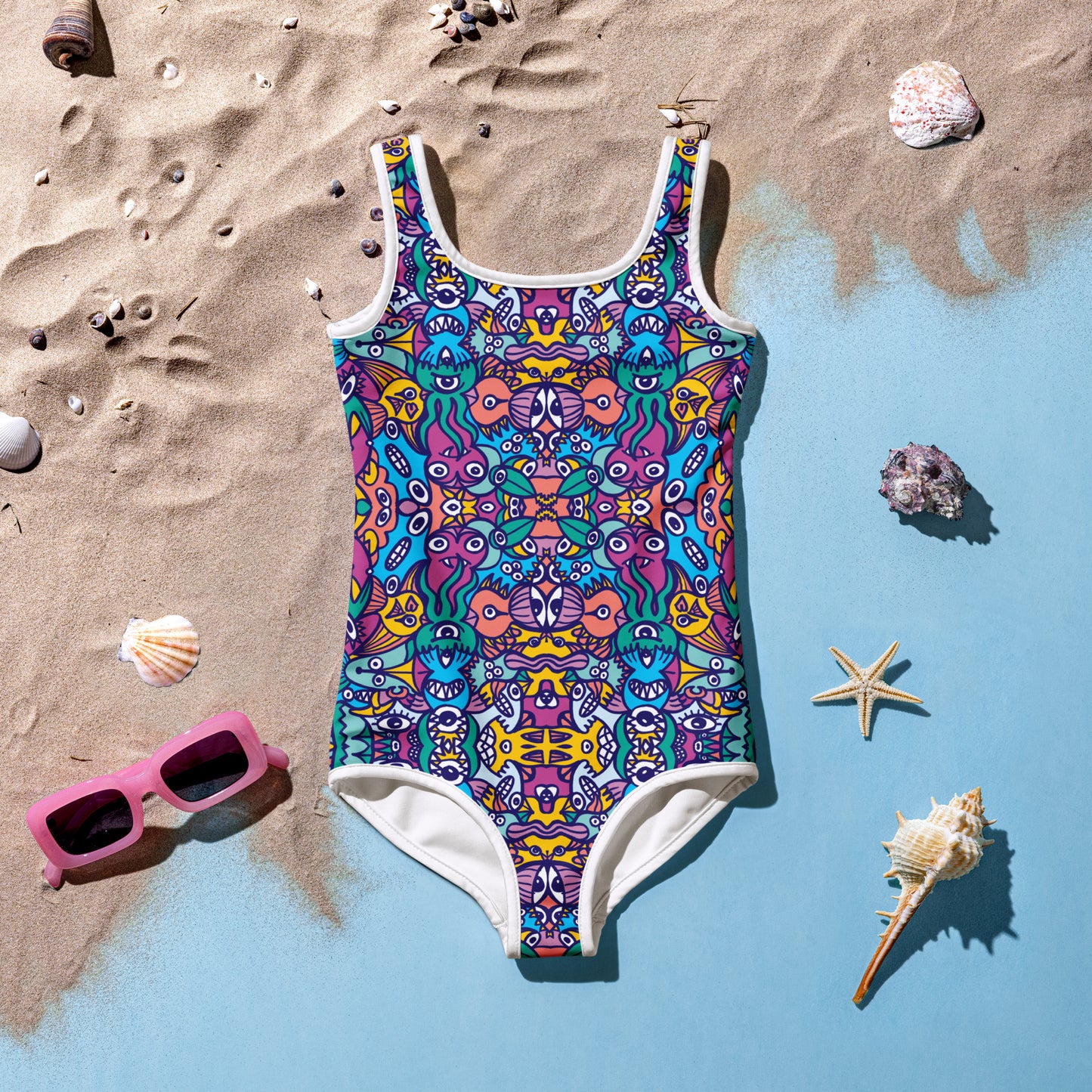 Whimsical design featuring multicolor critters from another world All-Over Print Kids Swimsuit. Flat lifestyle