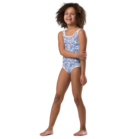 Whimsical Blue Doodle Critterscape pattern design All-Over Print Kids Swimsuit. Front view