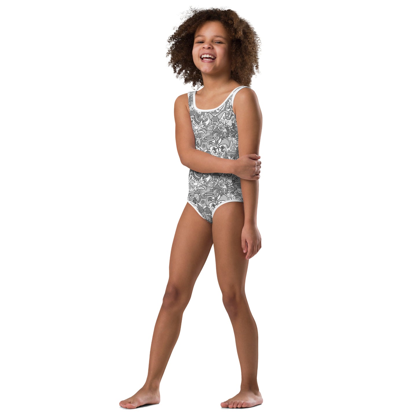 Awesome Doodle creatures in a variety of tones of gray All-Over Print Kids Swimsuit. Front view