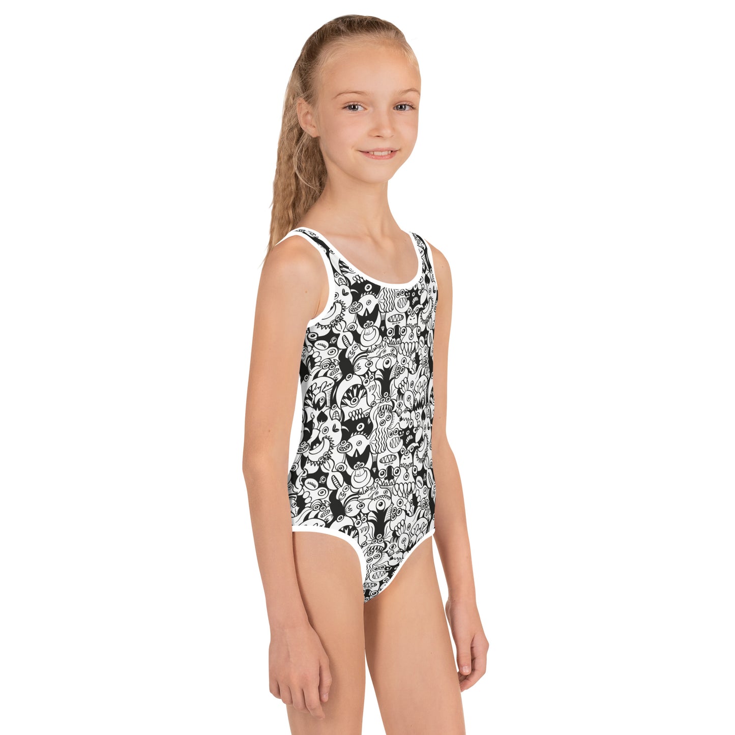 Black and white cool doodles art All-Over Print Kids Swimsuit. Right view