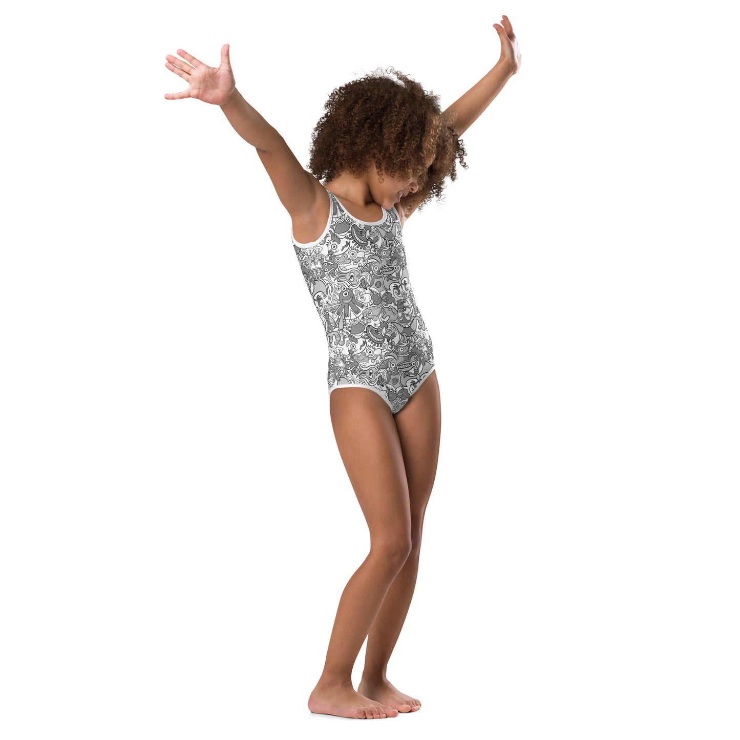 Awesome Doodle creatures in a variety of tones of gray All-Over Print Kids Swimsuit. Right view