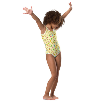 Enjoy happy summer pattern design All-Over Print Kids Swimsuit. Right front view