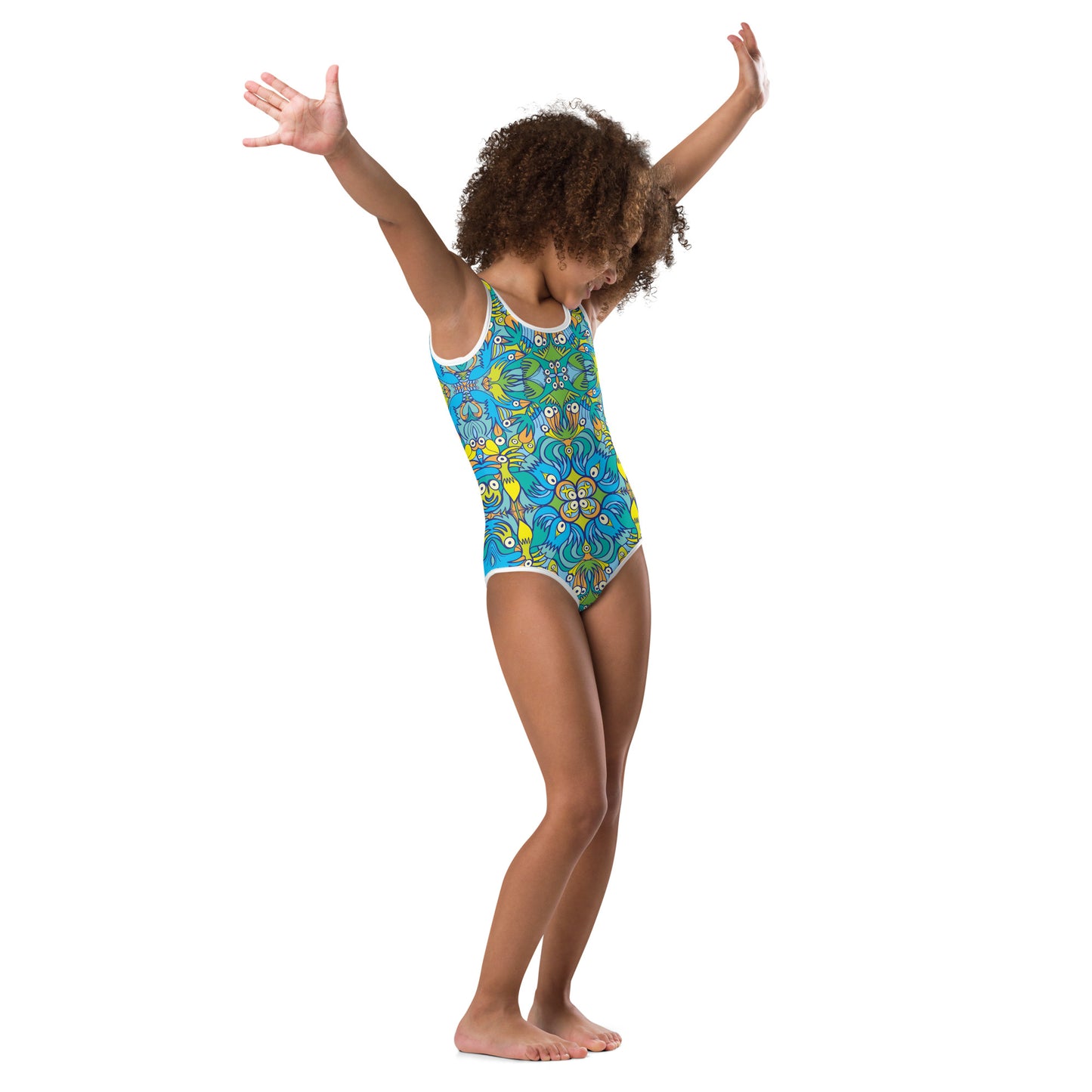 Exotic birds tropical pattern All-Over Print Kids Swimsuit. Side view