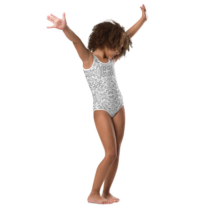 Simple doodles having great fun in a cool pattern design All-Over Print Kids Swimsuit. Side view