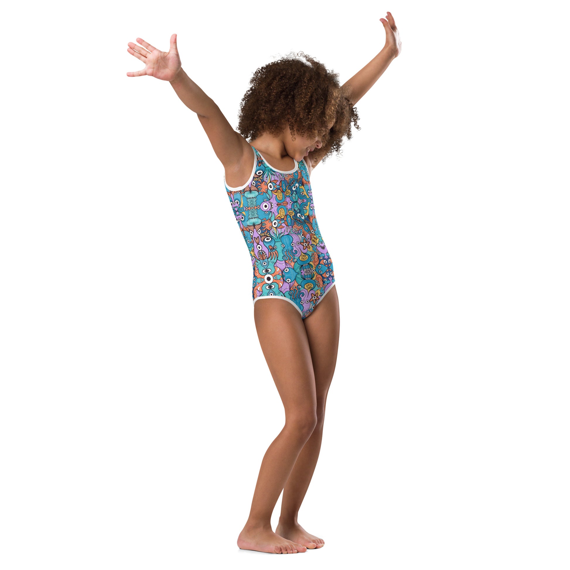 Wake up, time to take care of our sea All-Over Print Kids Swimsuit. Side view