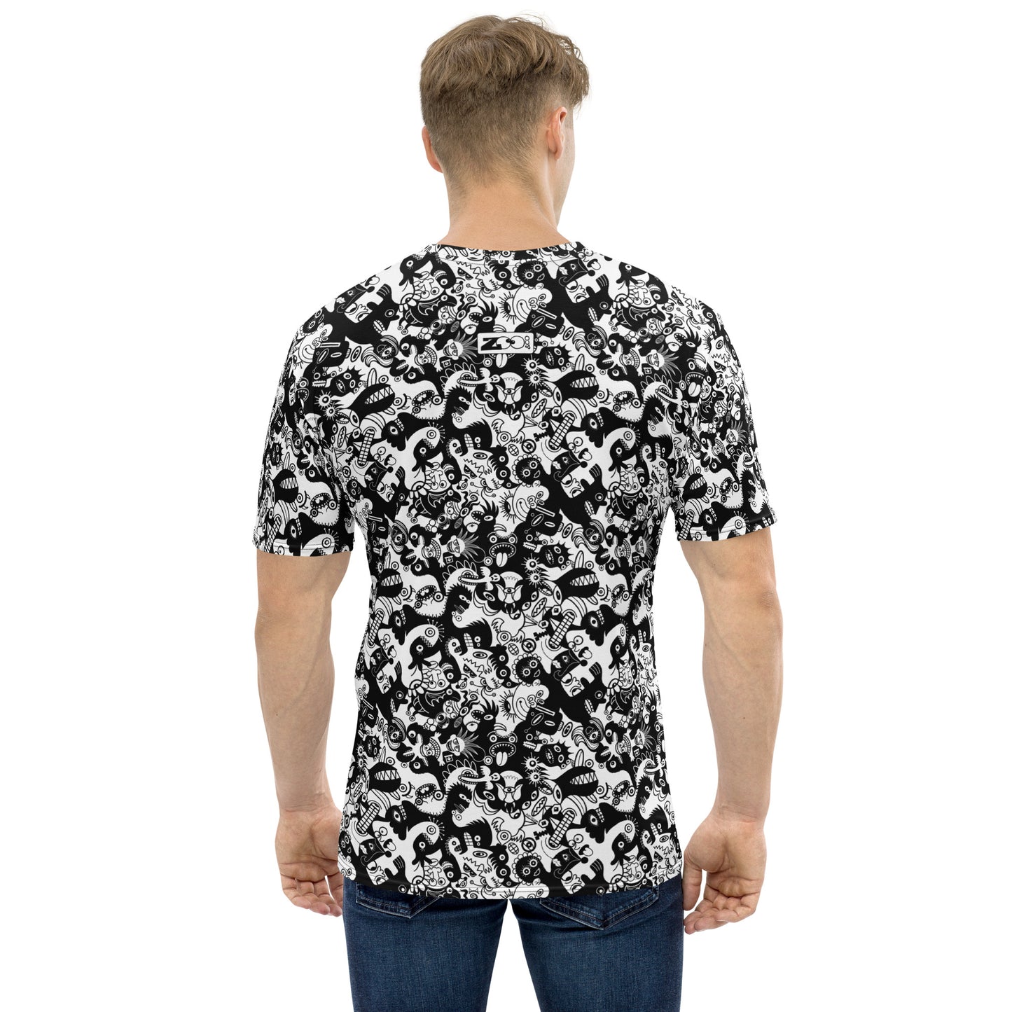 Epic Black White Doodle World T-shirt. All-Over Print Men's Style. Back view