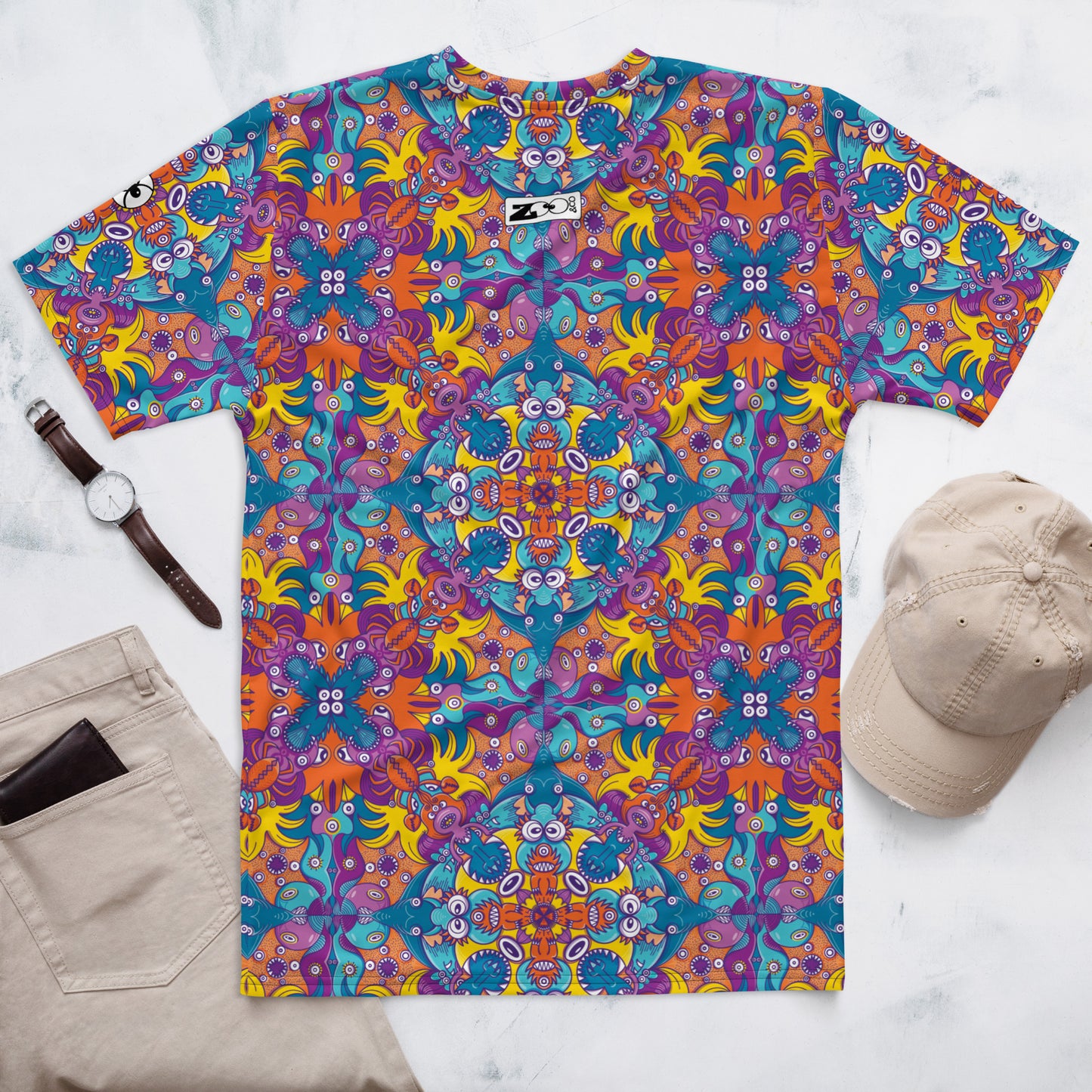 Ocean Doodle Delight All-Over Print Men's T-Shirt. Back view. Flat Lifestyle