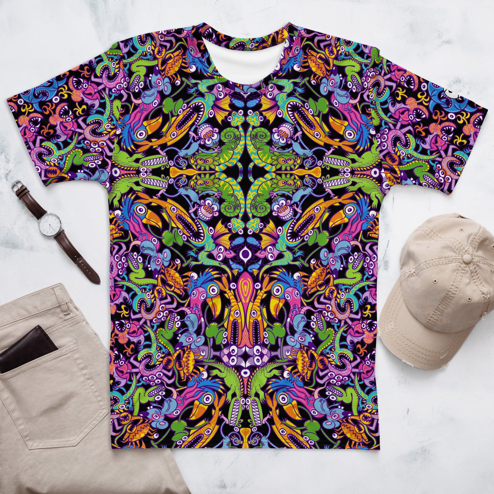 Eccentric critters in a lively crazy festival Men's T-shirt. Overview