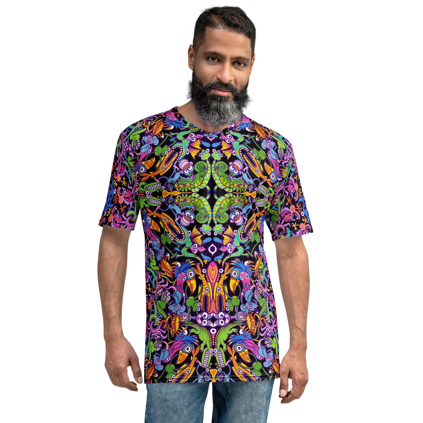 Eccentric critters in a lively crazy festival Men's T-shirt. Front view