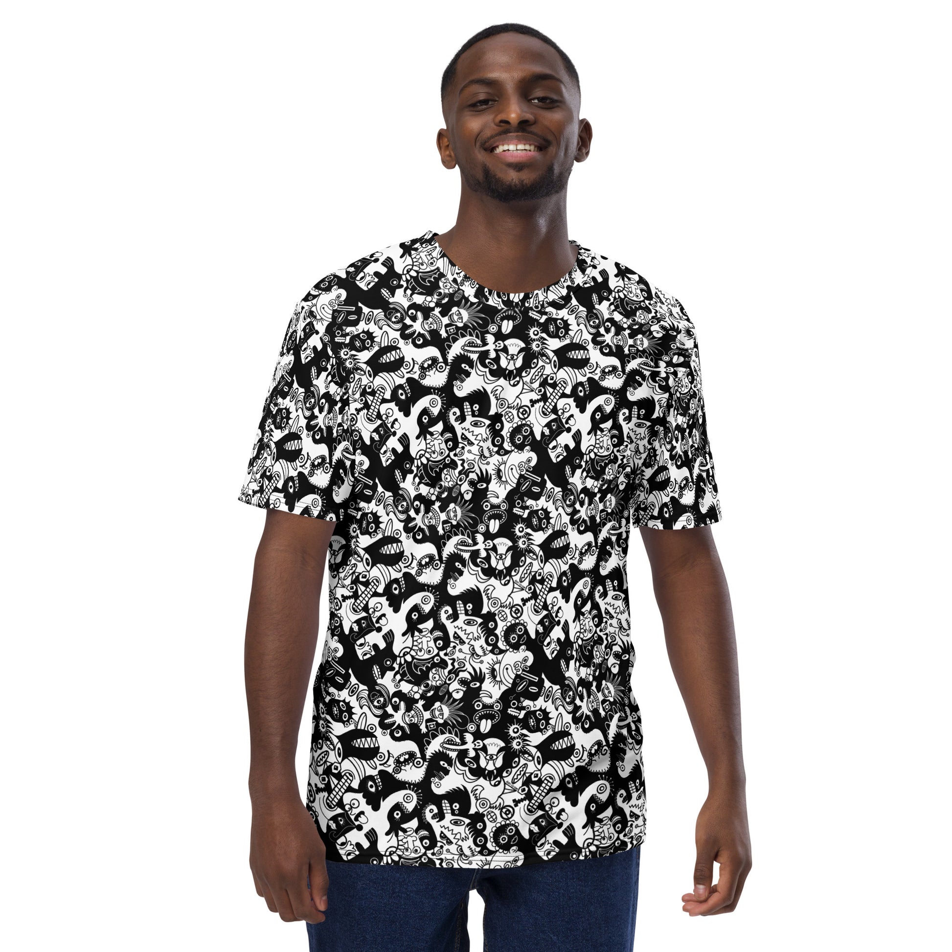 Epic Black White Doodle World T-shirt. All-Over Print Men's Style. Front view