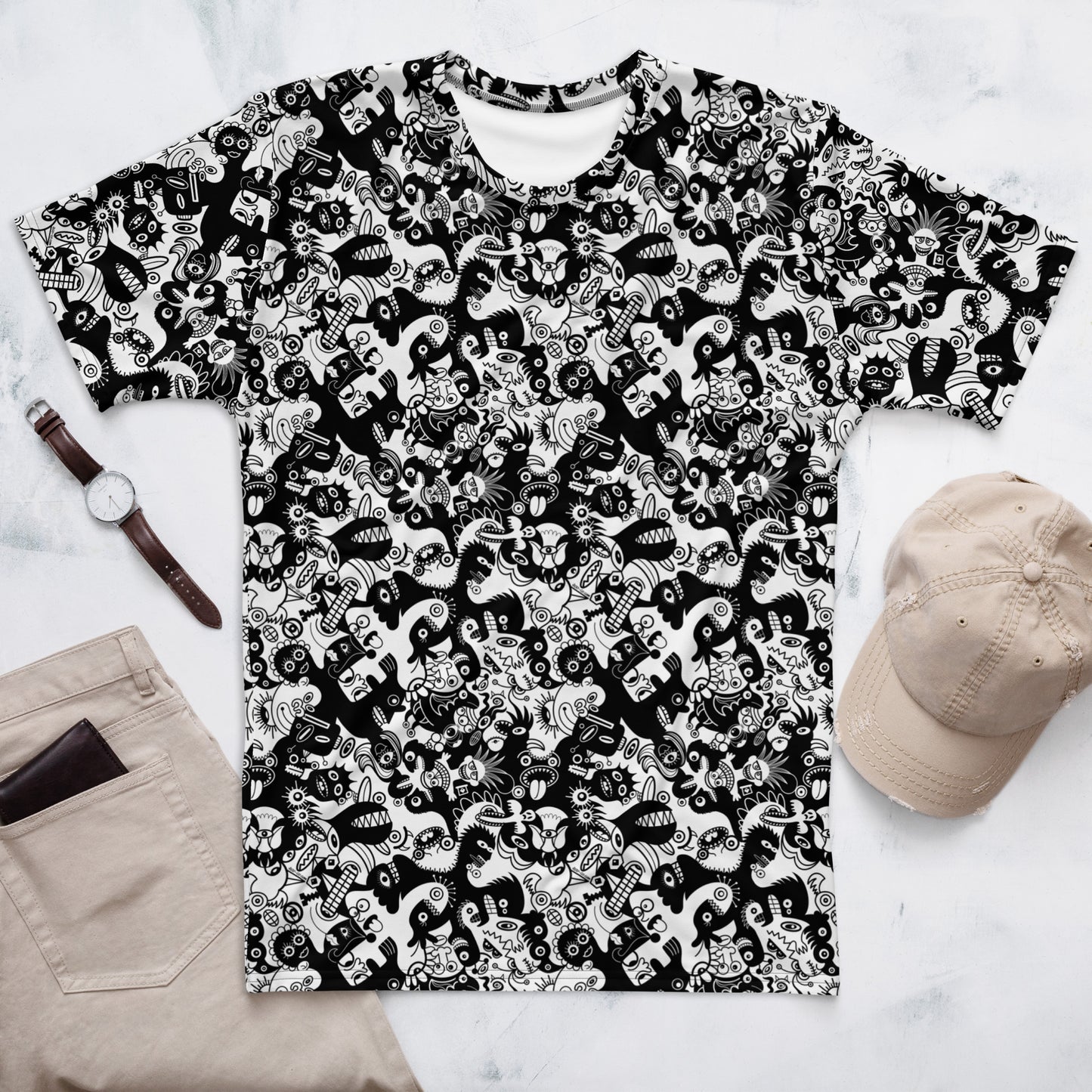 Epic Black White Doodle World T-shirt. All-Over Print Men's Style. Flat lifestyle