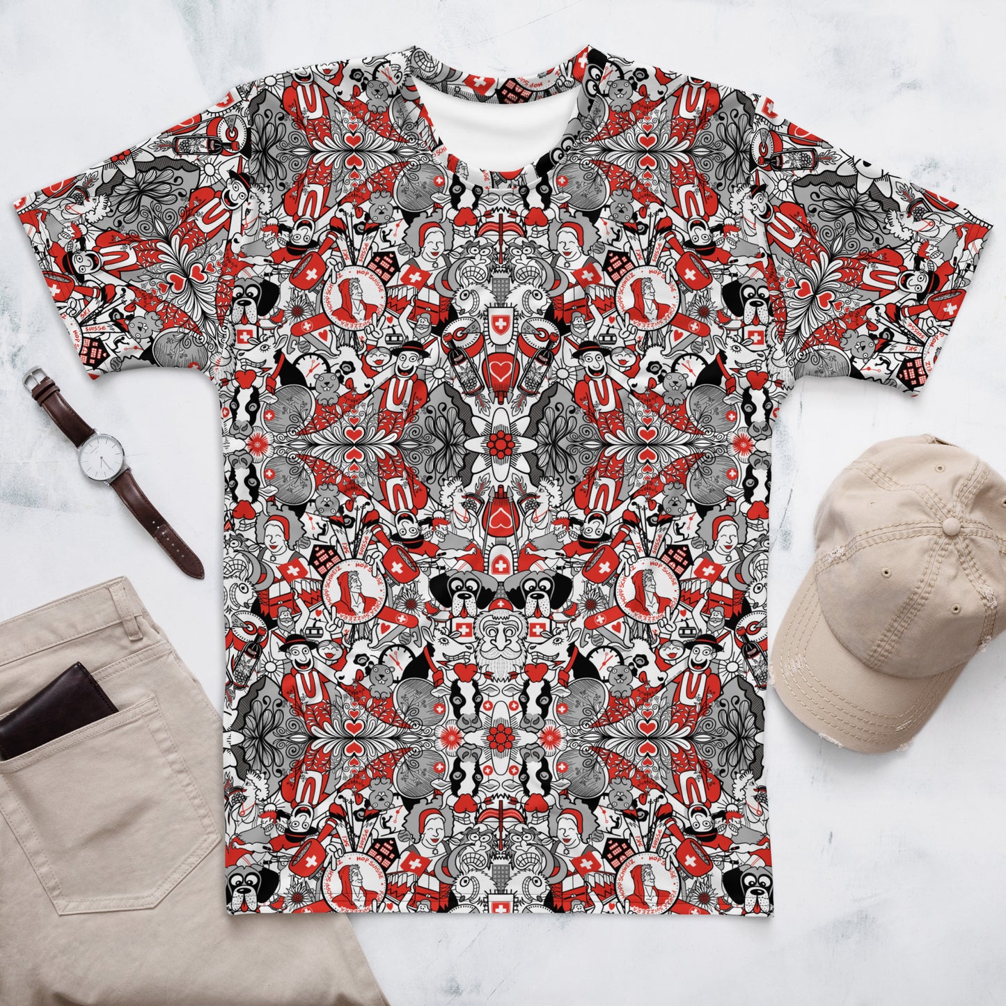 Swiss Doodle Men's T-Shirt: Vibrant Art Design. Flat lifestyle