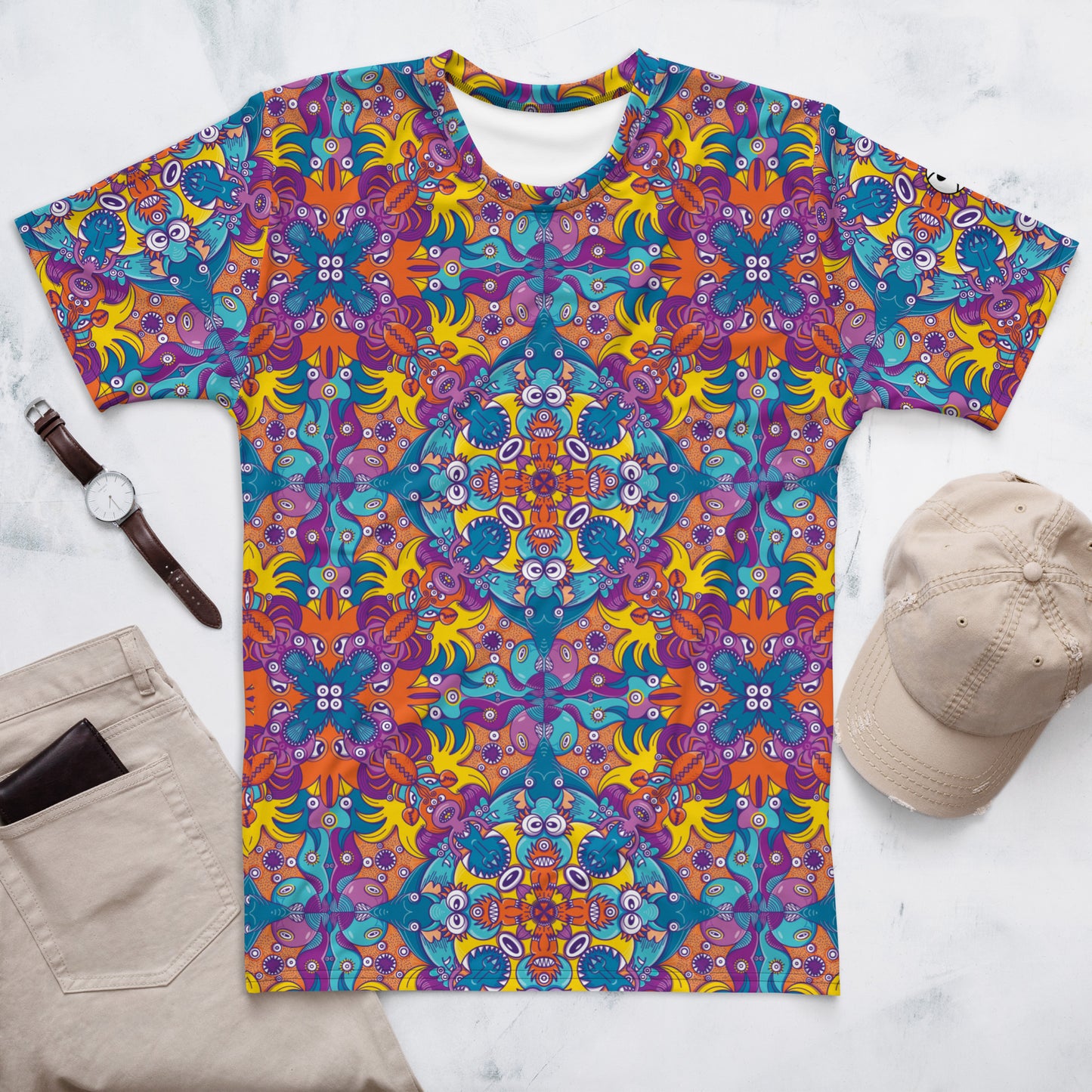 Ocean Doodle Delight All-Over Print Men's T-Shirt. Front view. Flat Lifestyle