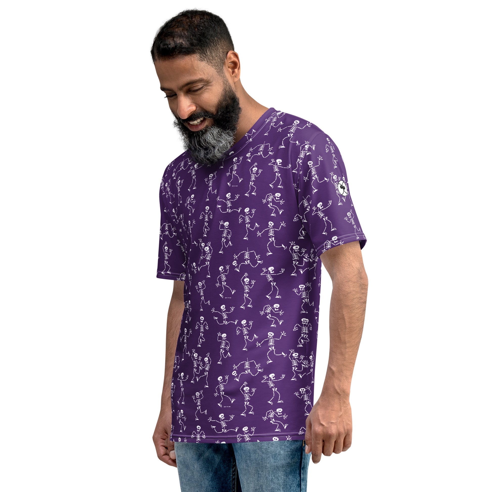 Fantastic skeletons having a great time at Halloween Men's t-shirt. Side view