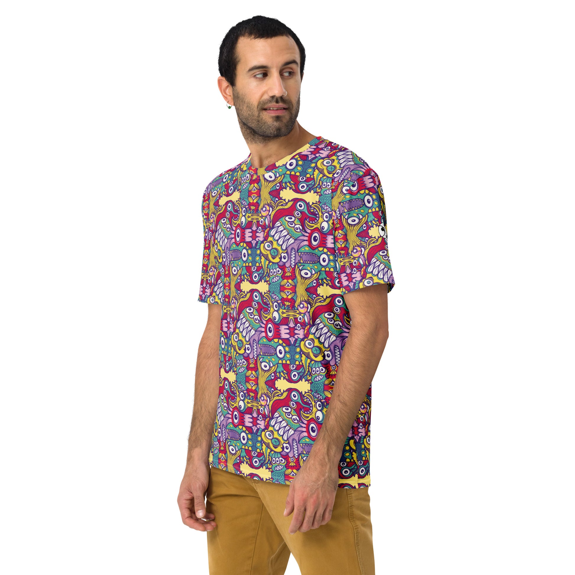 Exquisite corpse of doodles in a pattern design Men's t-shirt. Side view
