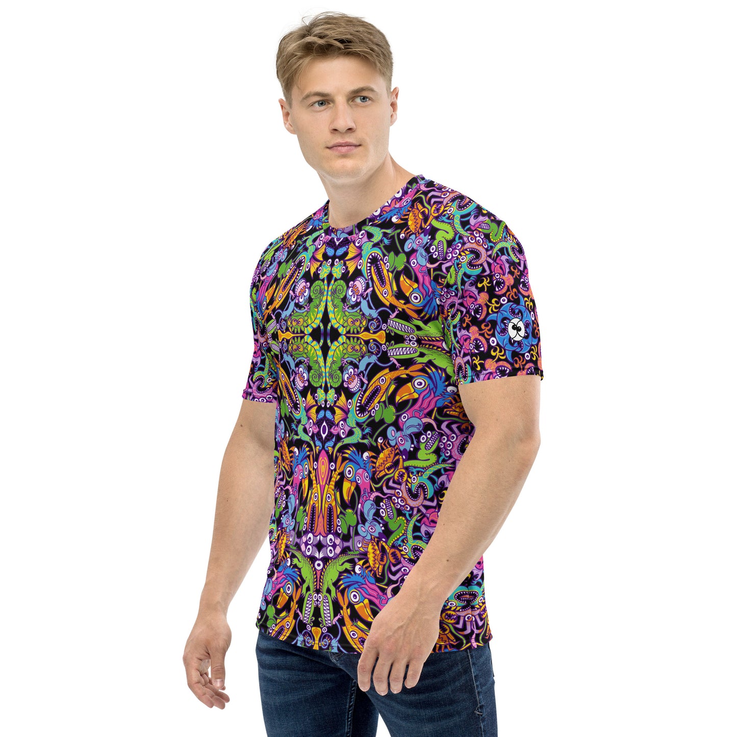 Eccentric critters in a lively crazy festival Men's T-shirt. Side view