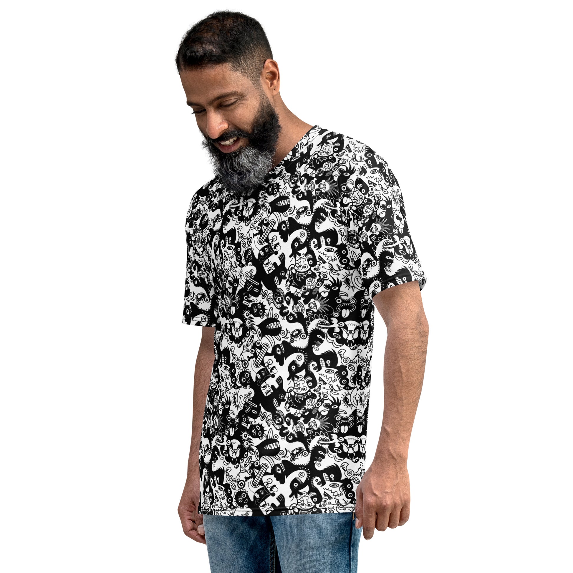 Epic Black White Doodle World T-shirt. All-Over Print Men's Style. Left view