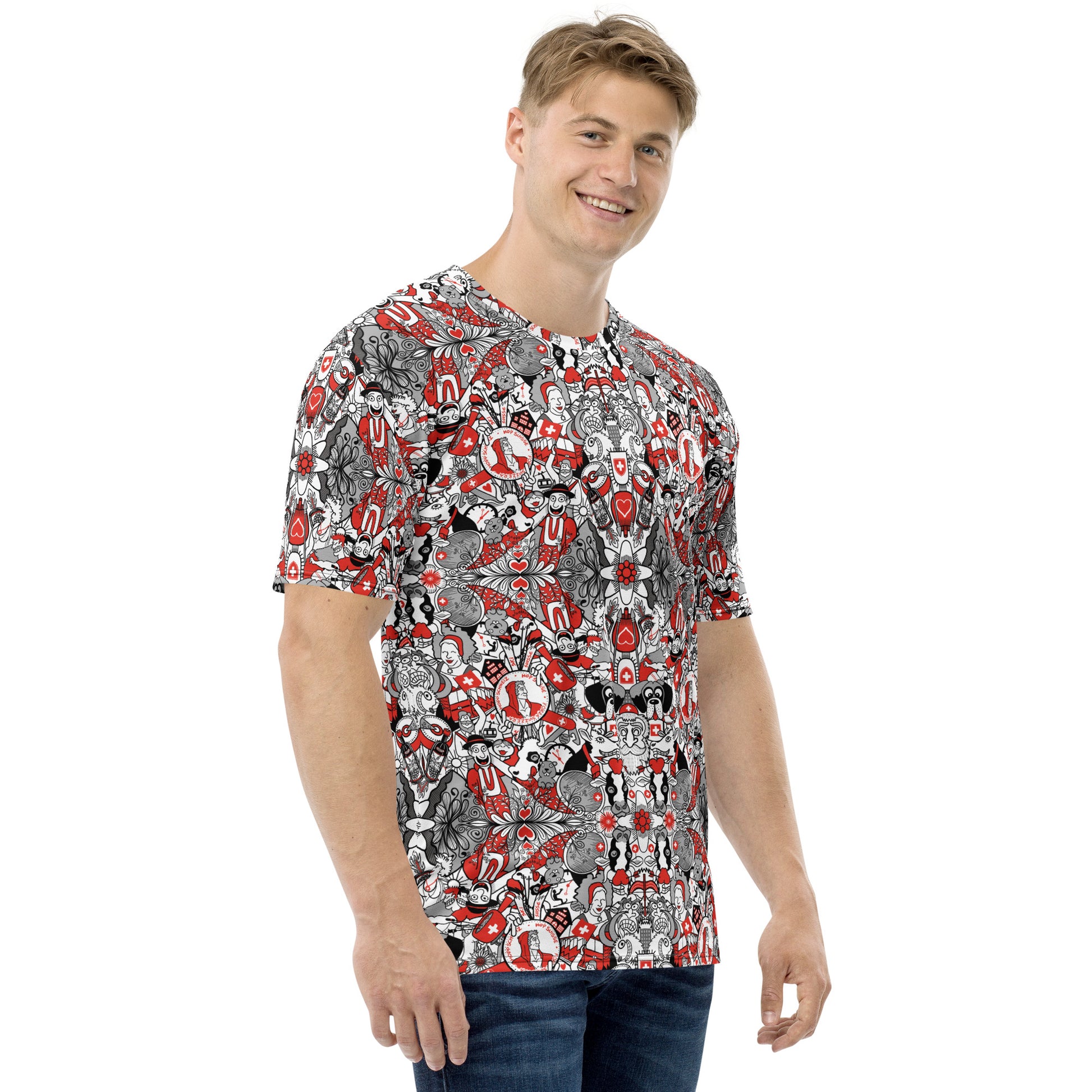 Swiss Doodle Men's T-Shirt: Vibrant Art Design. Right side view