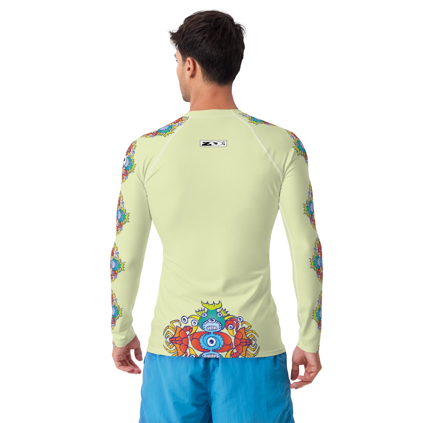 Crabs, octopuses and fish from a tropical sunny beach Men's Rash Guard. Back view