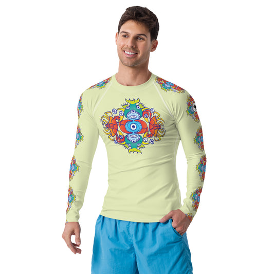 Crabs, octopuses and fish from a tropical sunny beach Men's Rash Guard. Front view