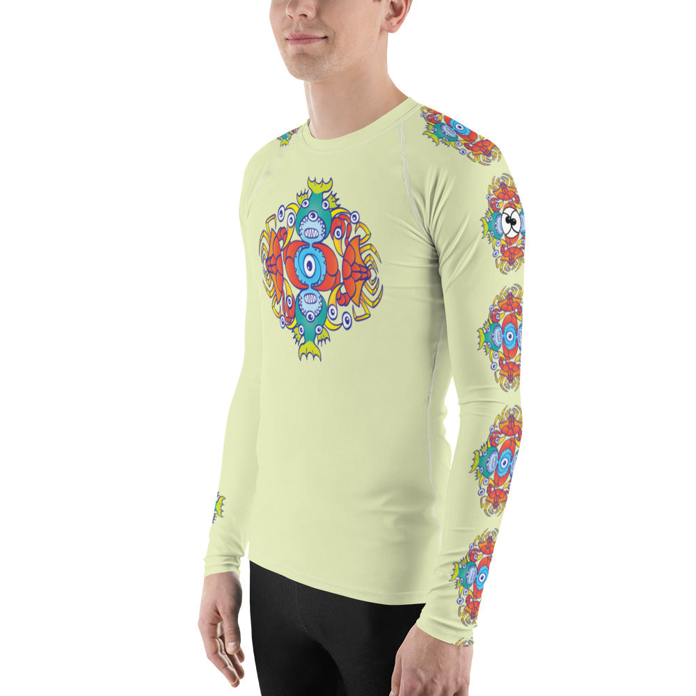 Crabs, octopuses and fish from a tropical sunny beach Men's Rash Guard. Side view