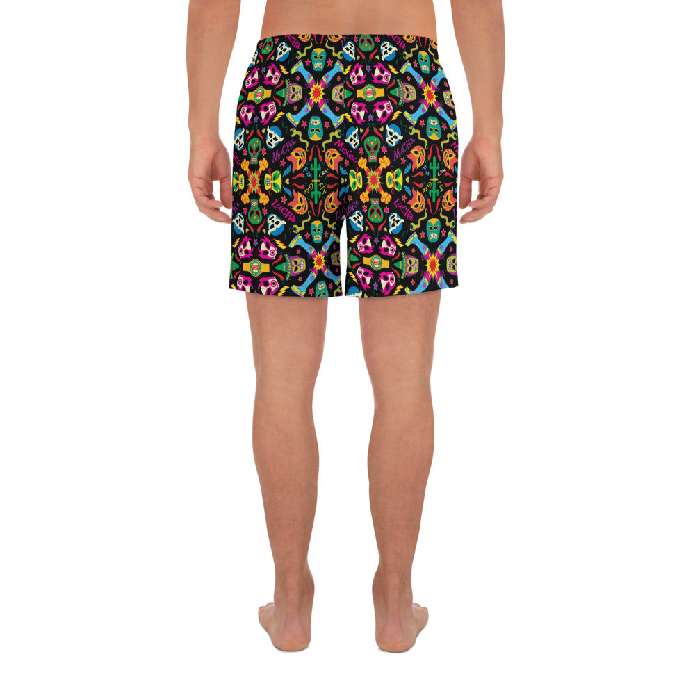 Mexican wrestling colorful party Men's Athletic Long Shorts. Back view