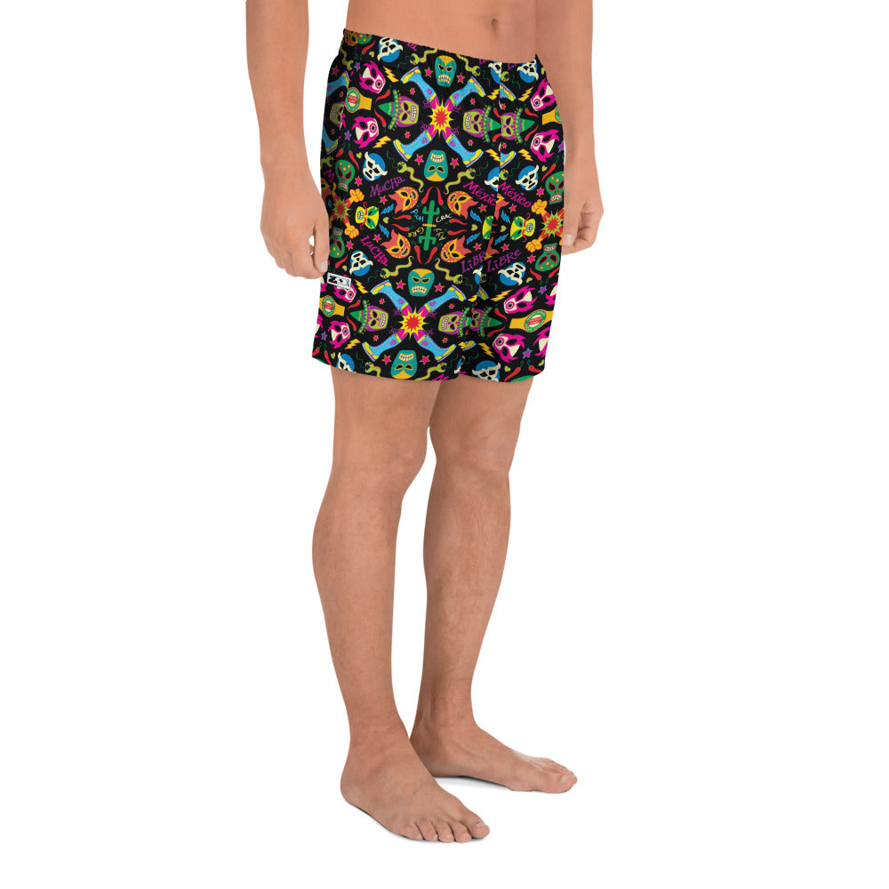 Mexican wrestling colorful party Men's Athletic Long Shorts. Side view