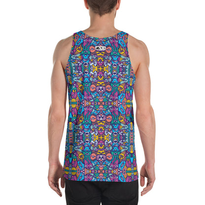Whimsical design featuring multicolor critters from another world Unisex Tank Top. Back view