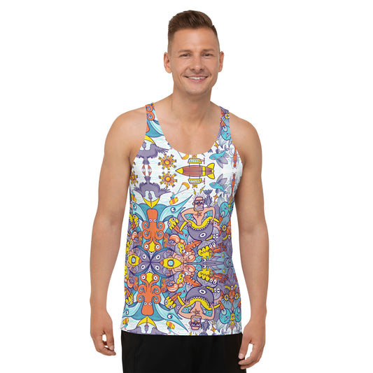 Ready for adventure this summer? Unisex Tank Top. Front view