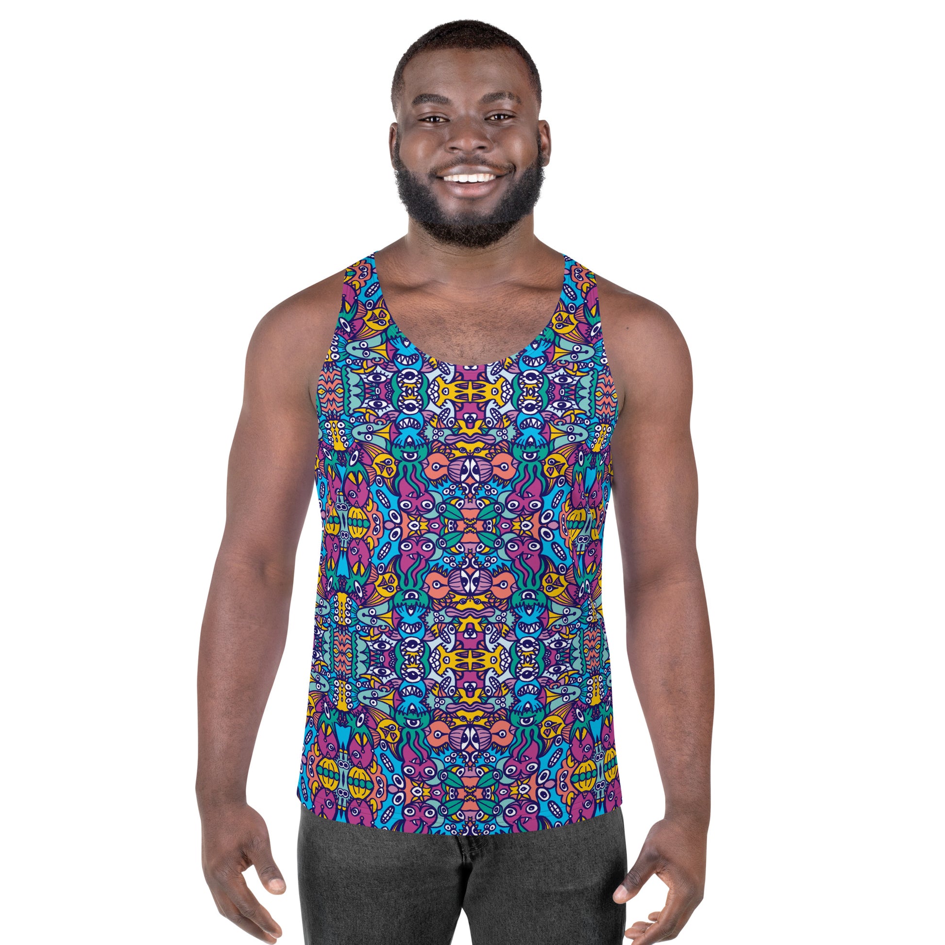 Whimsical design featuring multicolor critters from another world Unisex Tank Top. Front view