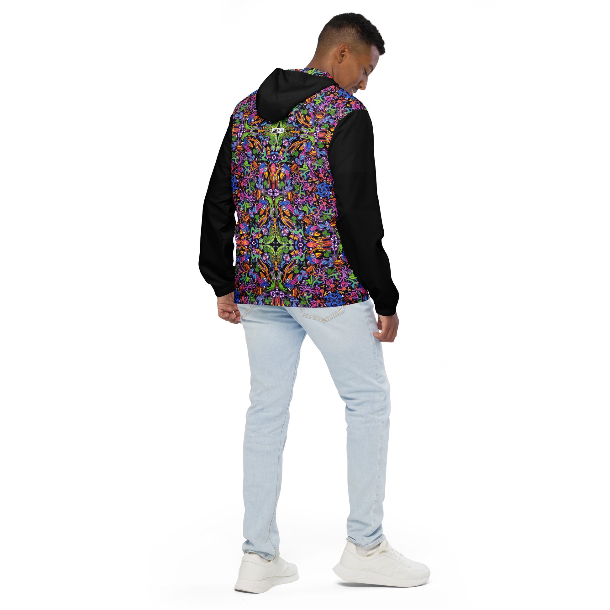 Eccentric critters in a lively festival - Men’s windbreaker. Back view