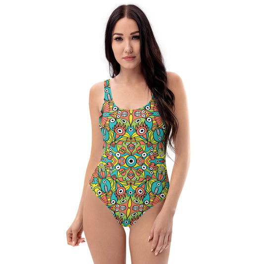 Alien monsters pattern design One-Piece Swimsuit. Front view