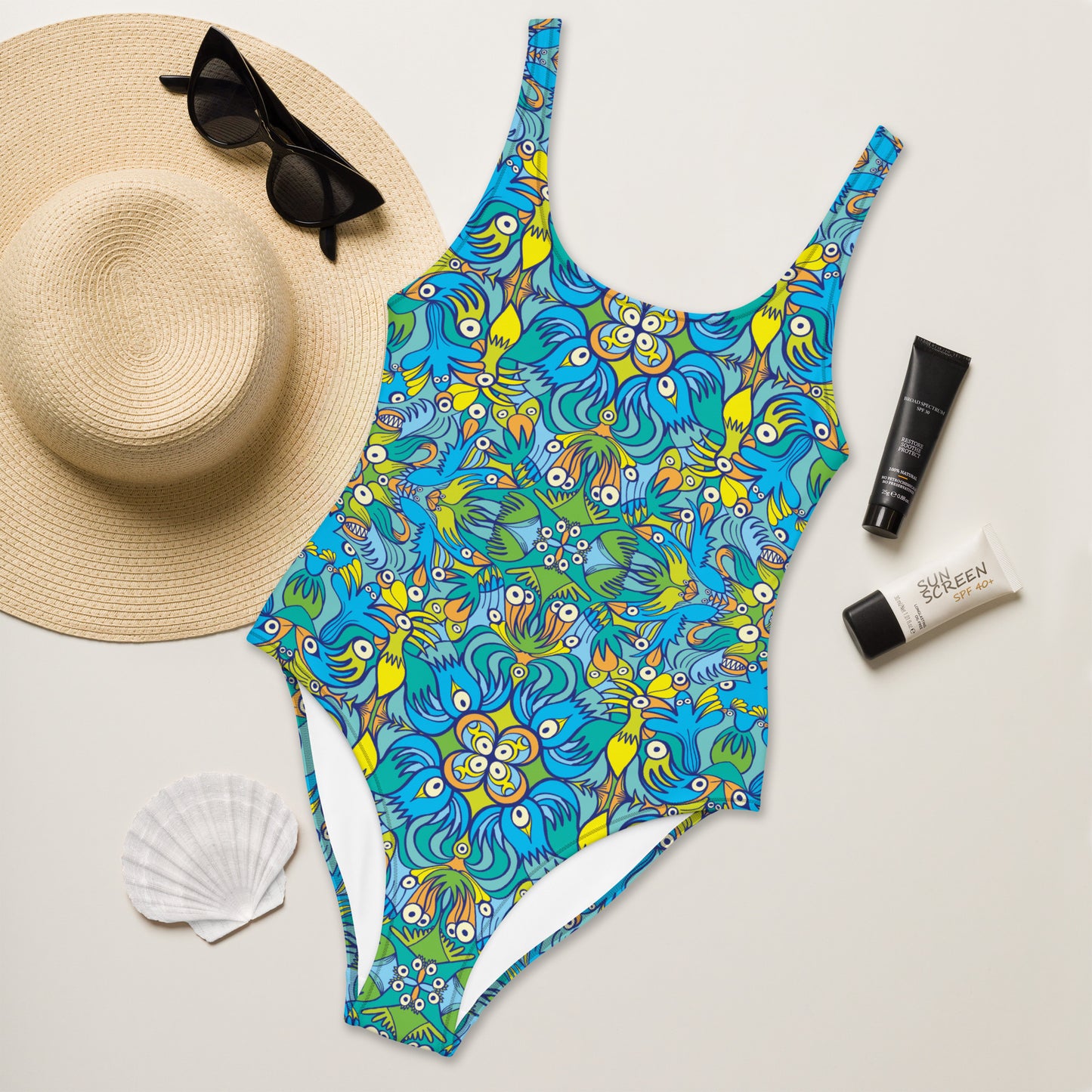 Exotic birds tropical pattern One-Piece Swimsuit. Flat lifestyle